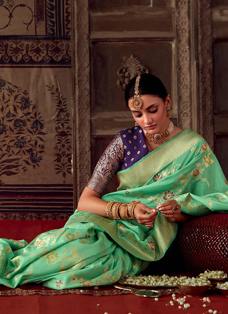 Green And Purple Zari Weaved Banarasi Crape Georgette Saree
