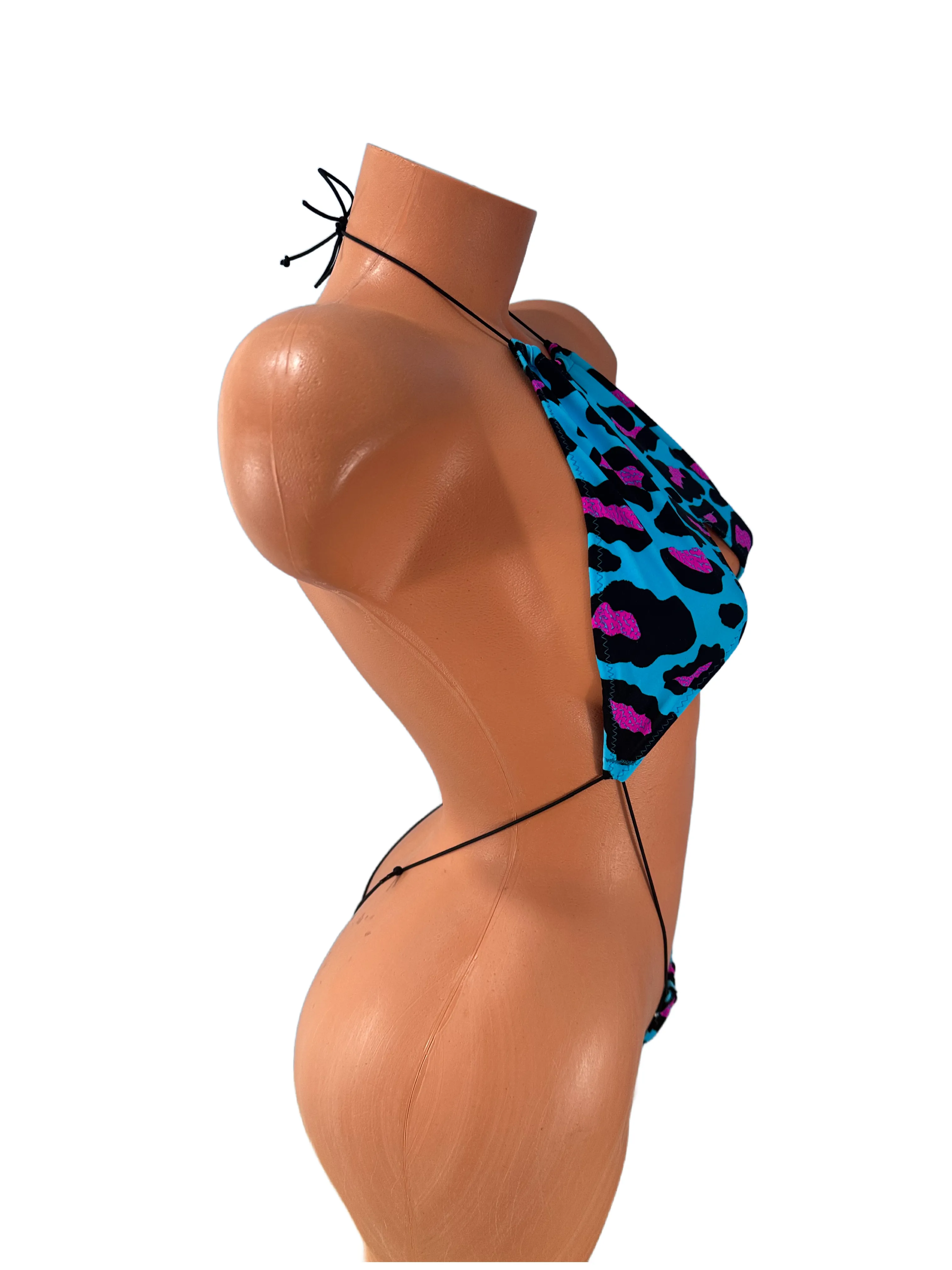 Halter Slingshot Blue hot pink detail leopard Print