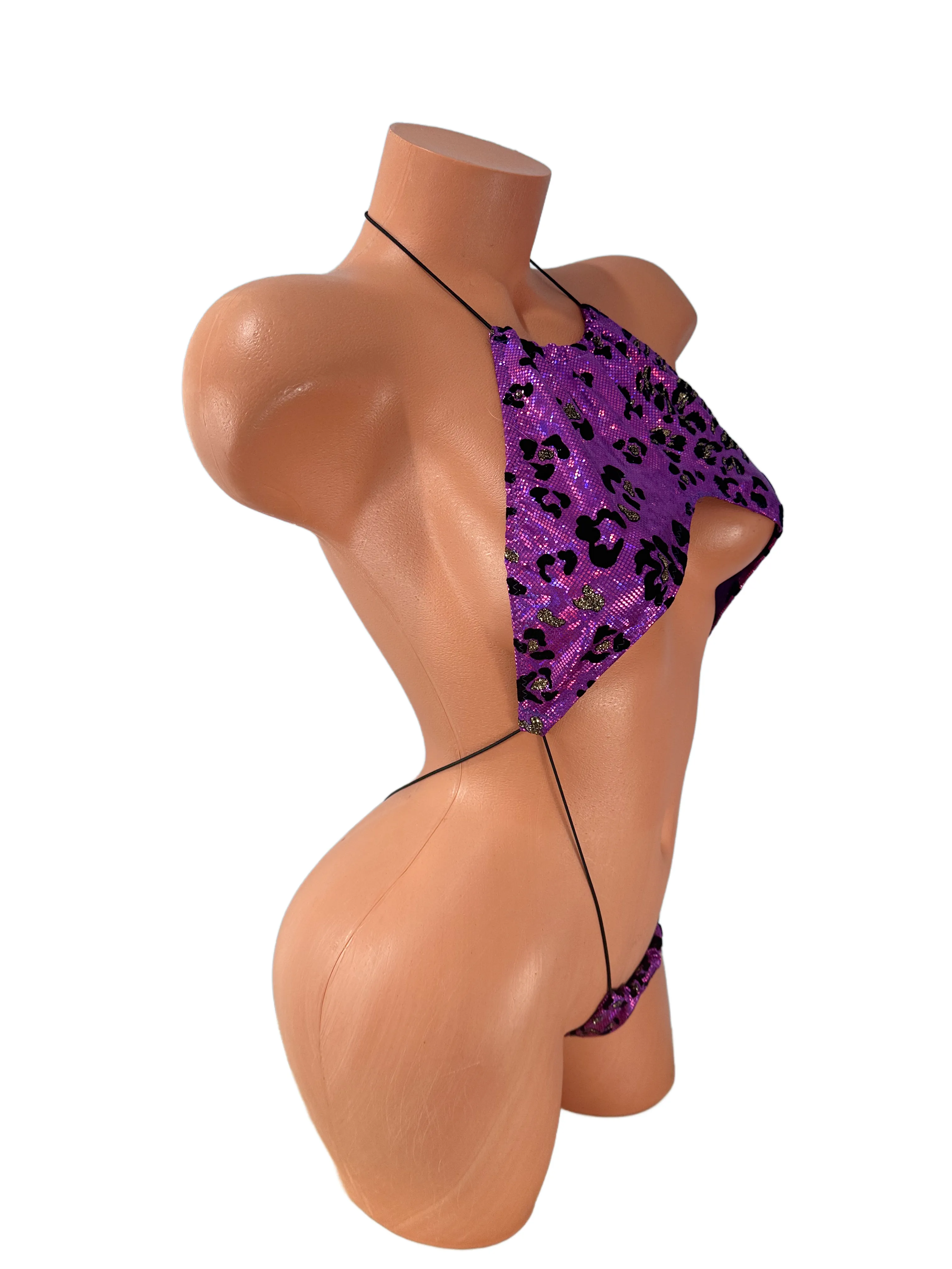 Halter Slingshot Metallic Purple velvet detail leopard Print