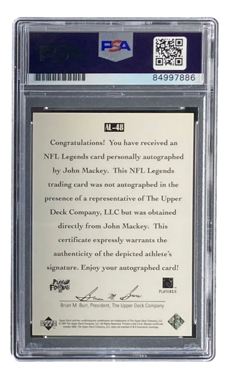 John Mackey Signed 1997 Upper Deck #AL-48 Trading Card PSA/DNA Gem MT 10