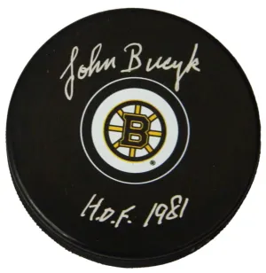 JOHNNY BUCYK Signed Boston Bruins Logo Hockey Puck w/HOF 1981 - SCHWARTZ