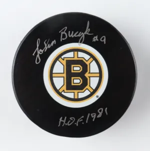 Johnny Bucyk Signed Bruins Logo Hockey Puck Inscribed "H.O.F. 1981" (COJO)