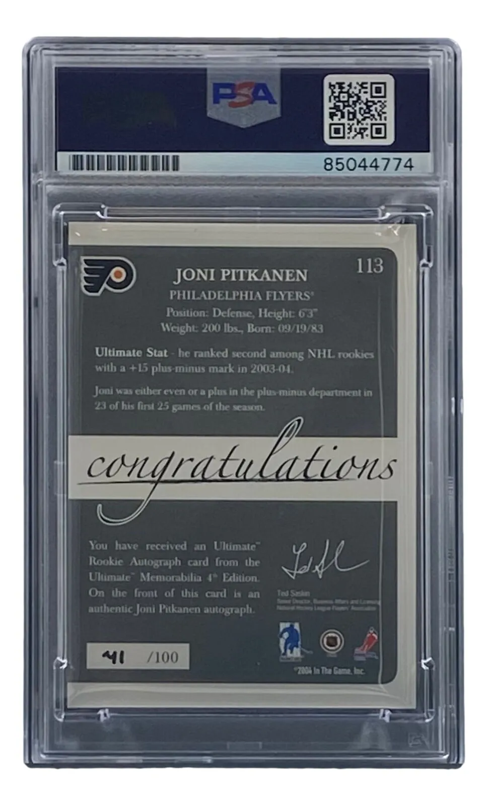 Joni Pitkanen Signed 2004 Ultimate #113 Philadelphia Flyers Hockey Card PSA/DNA