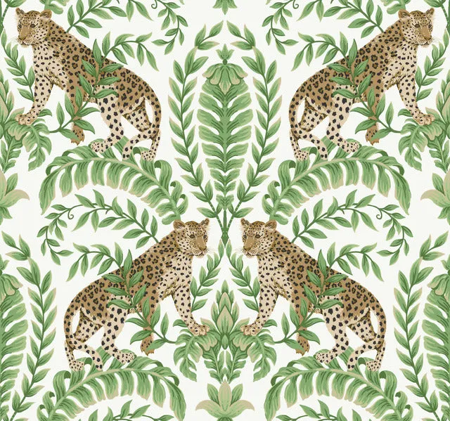 KT2203 Jungle Leopard Wallpaper-White/Green
