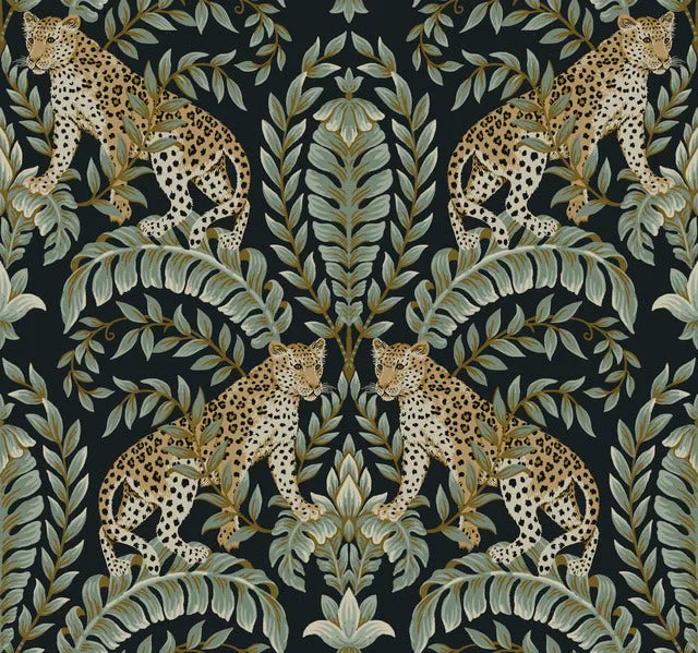 KT2205 Jungle Leopard Wallpaper-Black/Green
