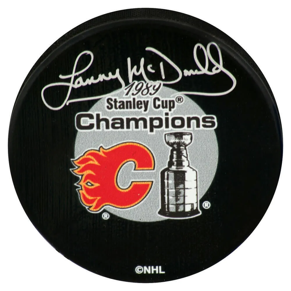 Lanny McDonald Signed Flames 1989 Stanley Cup Logo Hockey Puck - (SCHWARTZ COA)