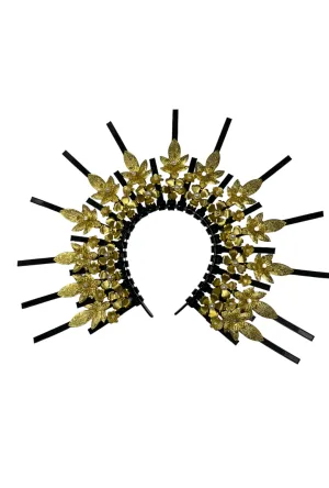 Large Upcycled Gold Pearl Floral and Leaf Headband