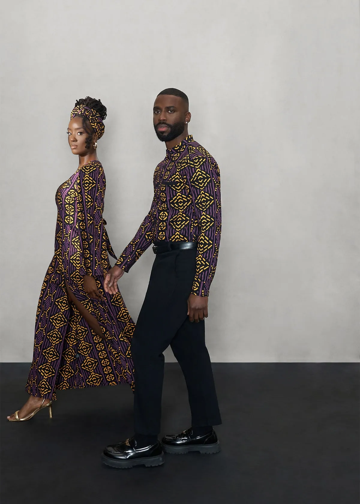 Liya Women's African Print Maxi Dress (Gold Purple Mudcloth)