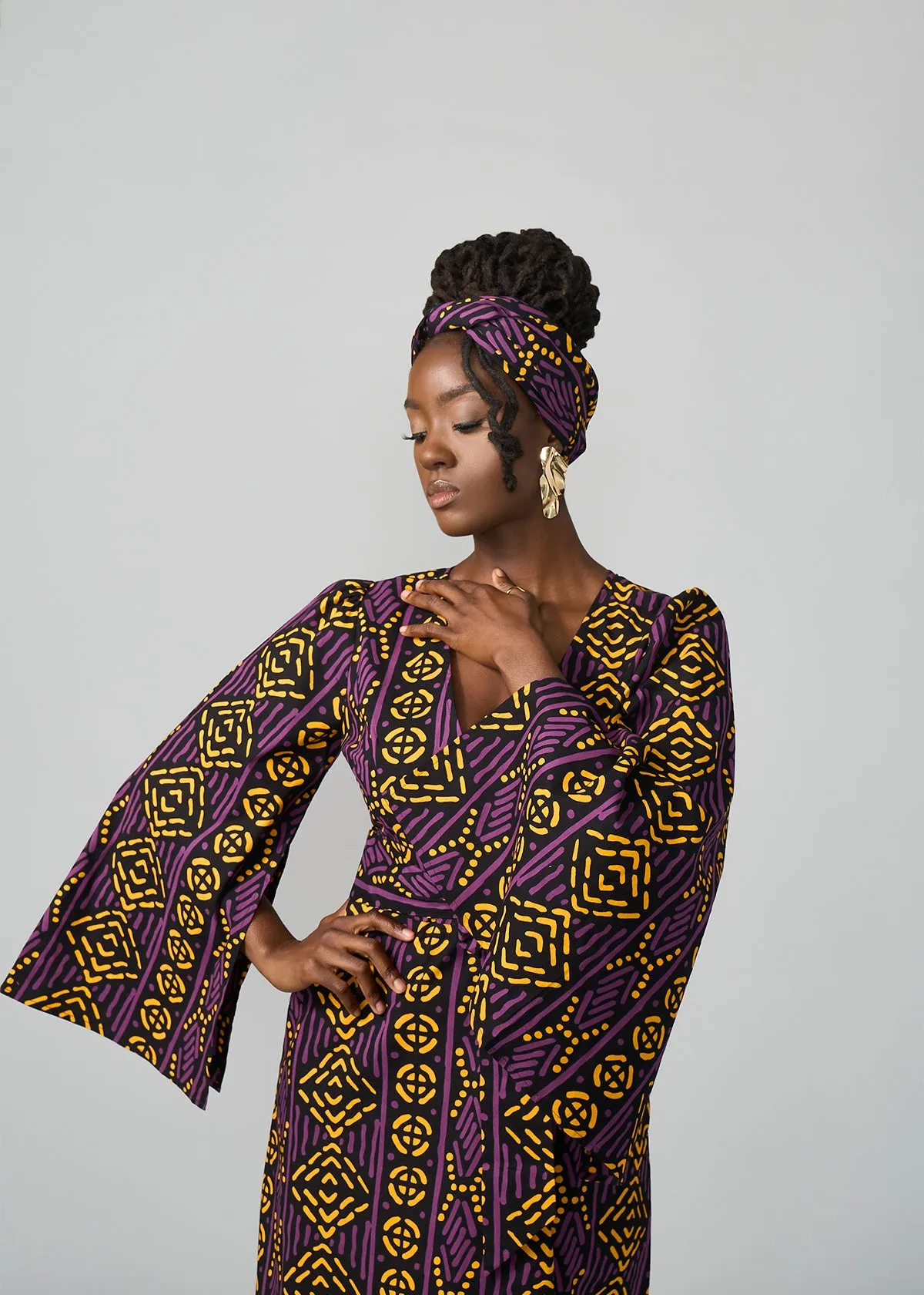 Liya Women's African Print Maxi Dress (Gold Purple Mudcloth)