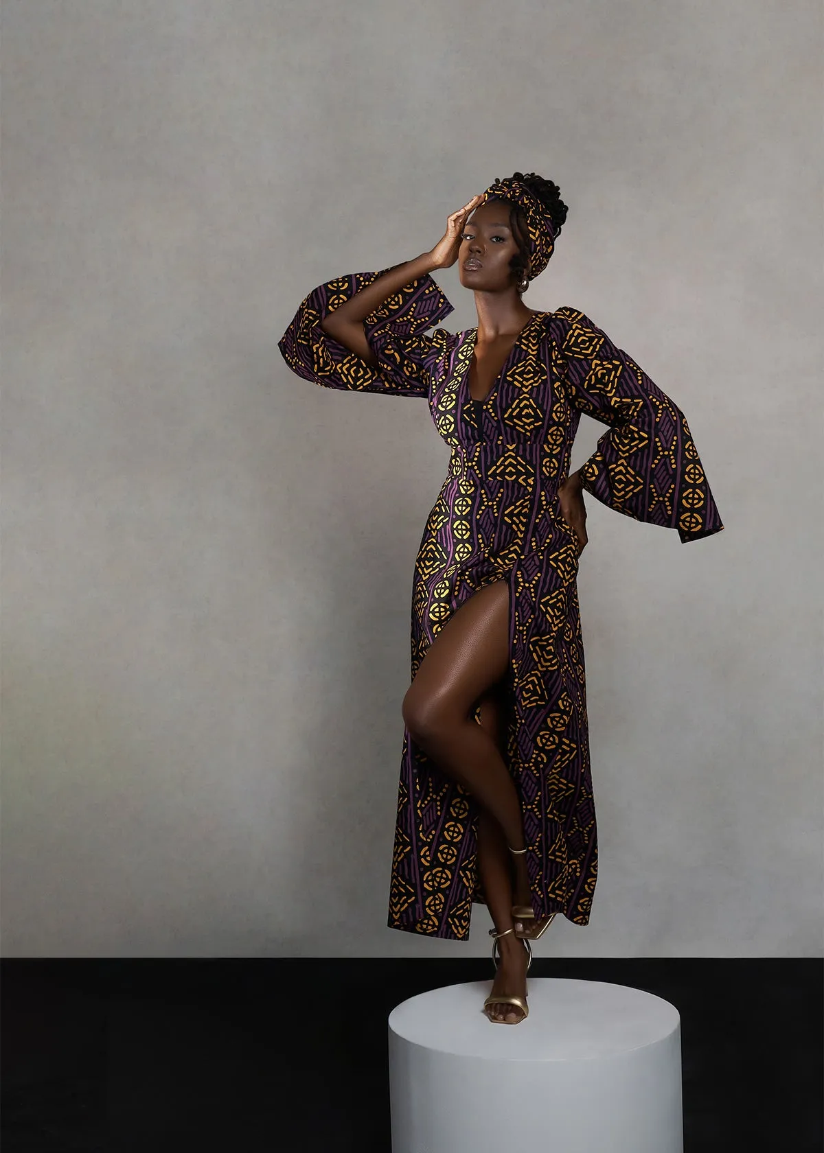 Liya Women's African Print Maxi Dress (Gold Purple Mudcloth)