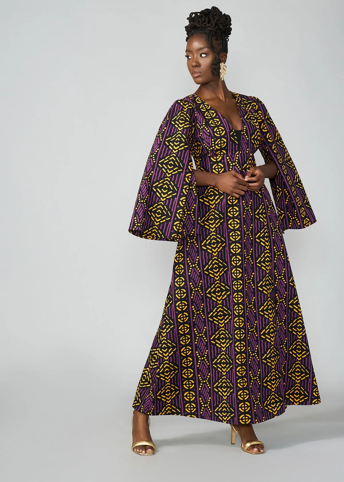Liya Women's African Print Maxi Dress (Gold Purple Mudcloth)