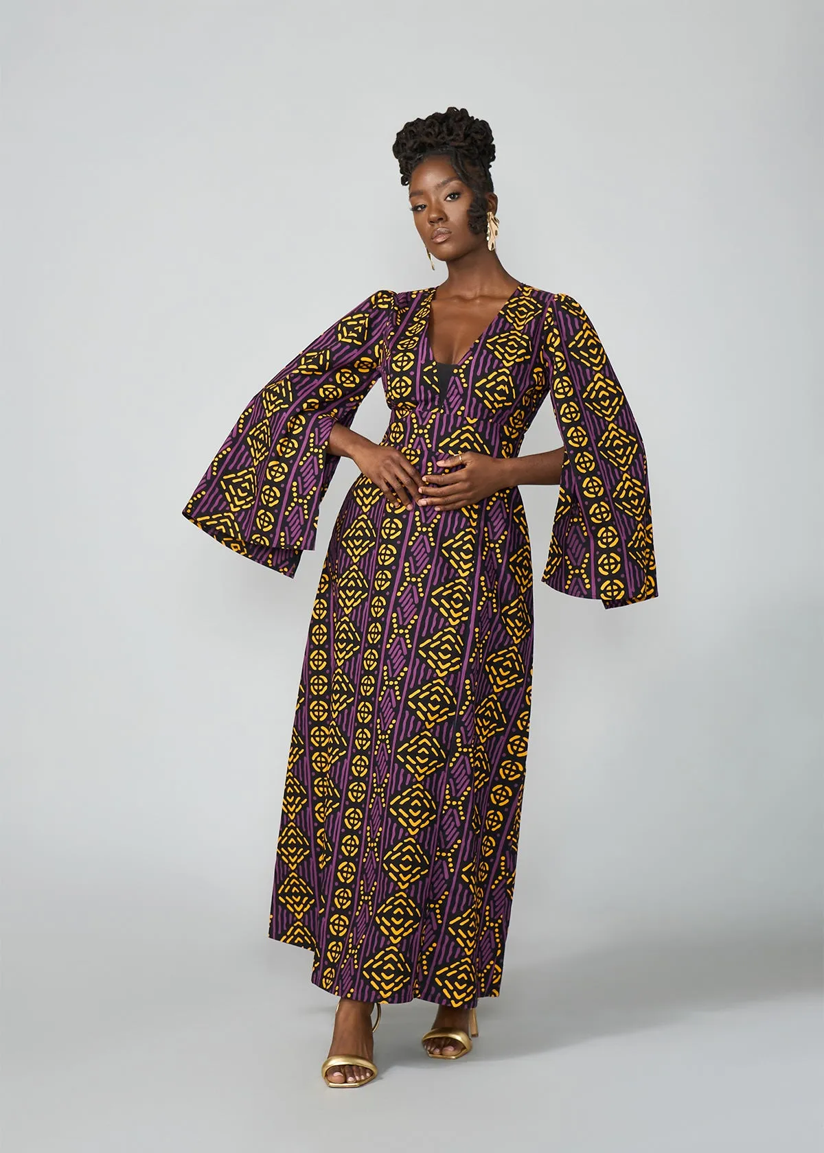 Liya Women's African Print Maxi Dress (Gold Purple Mudcloth)