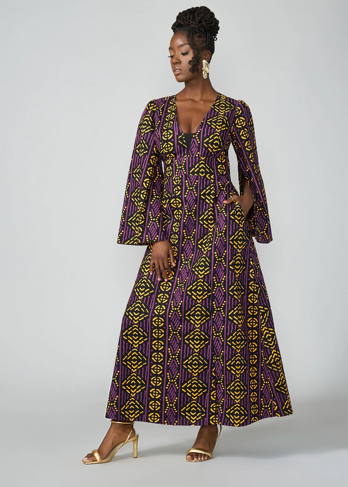 Liya Women's African Print Maxi Dress (Gold Purple Mudcloth)