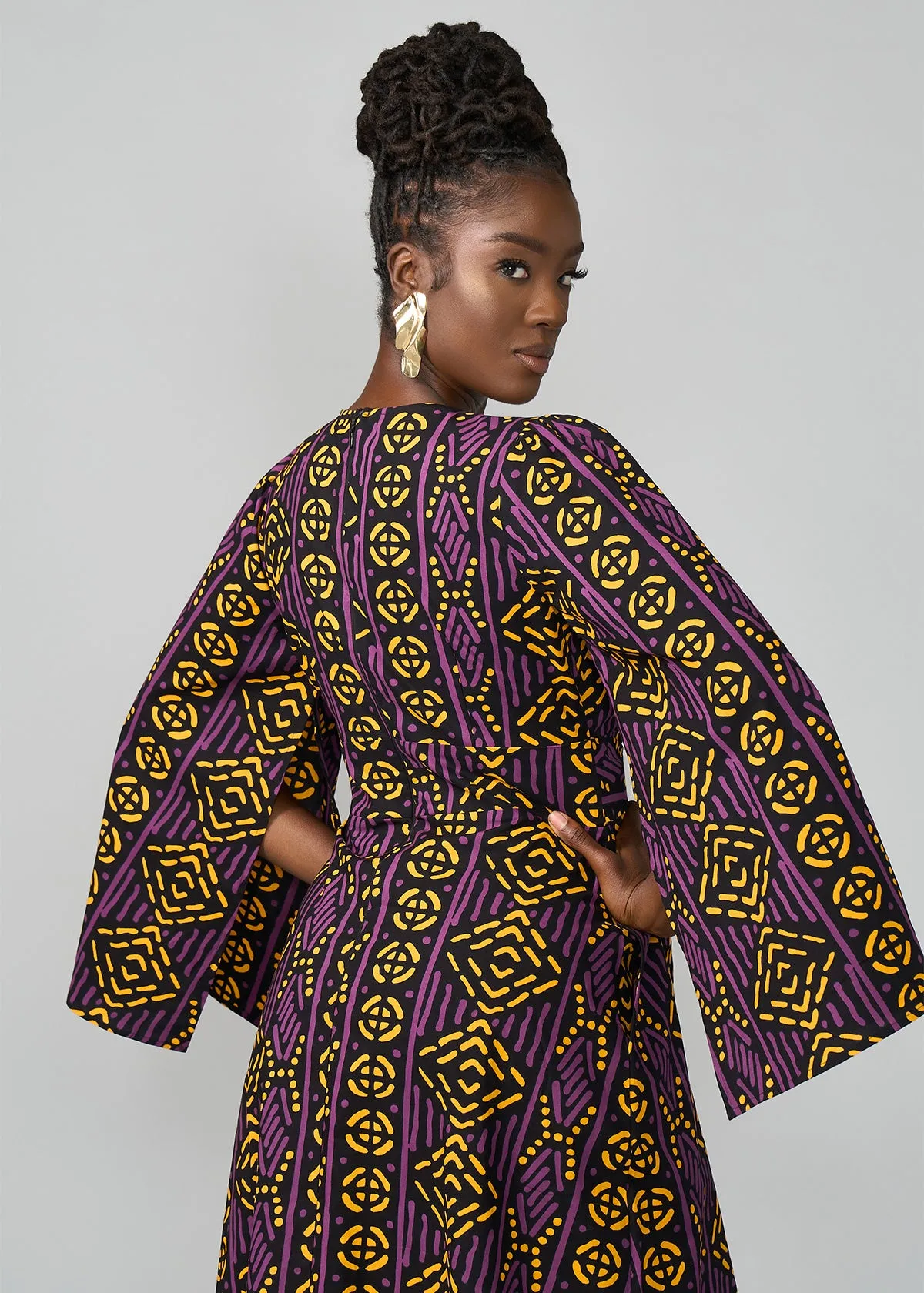 Liya Women's African Print Maxi Dress (Gold Purple Mudcloth)
