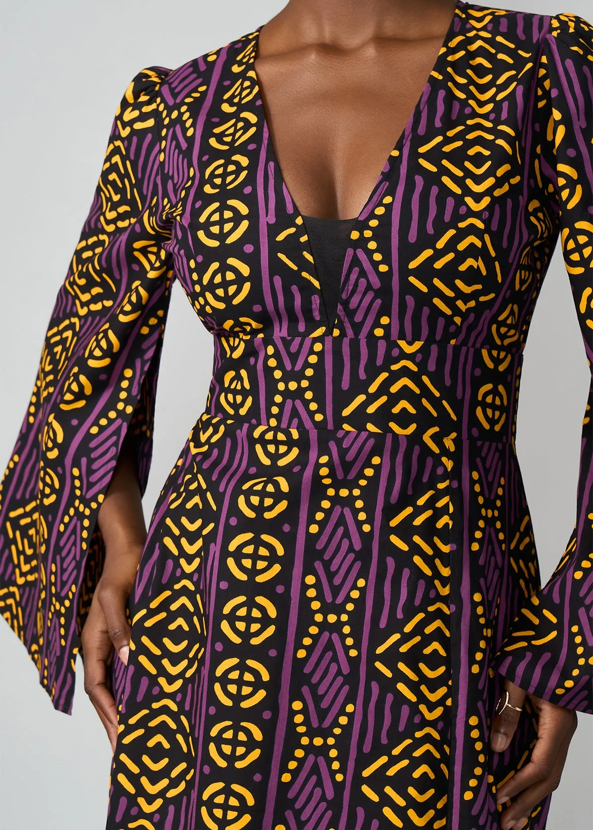 Liya Women's African Print Maxi Dress (Gold Purple Mudcloth)