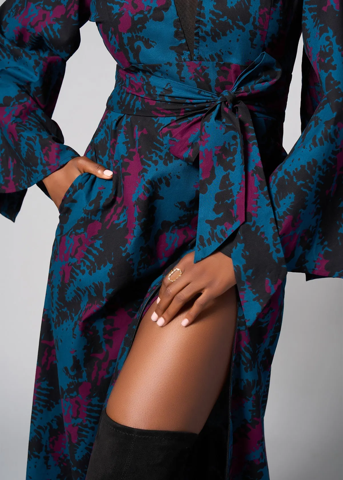 Liya Women's African Print Maxi Dress (Midnight Teal Abstract)