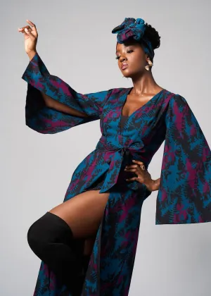 Liya Women's African Print Maxi Dress (Midnight Teal Abstract)