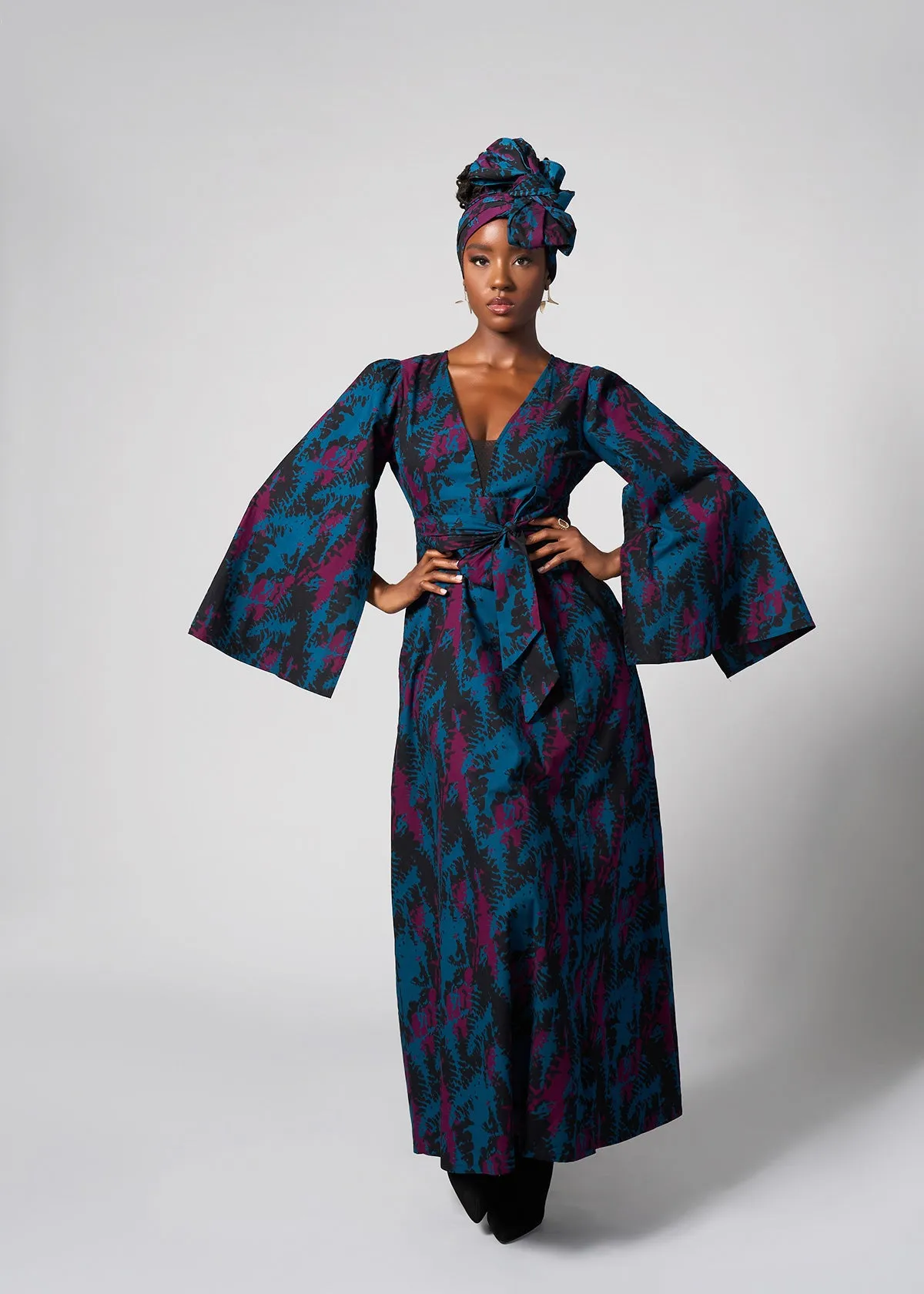 Liya Women's African Print Maxi Dress (Midnight Teal Abstract)