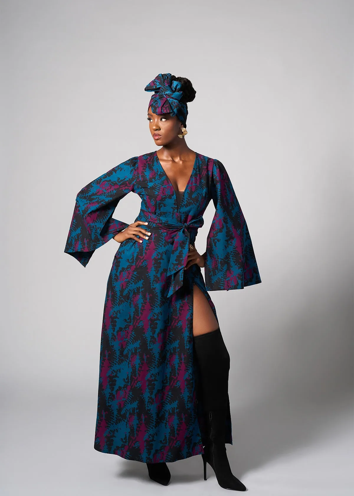 Liya Women's African Print Maxi Dress (Midnight Teal Abstract)