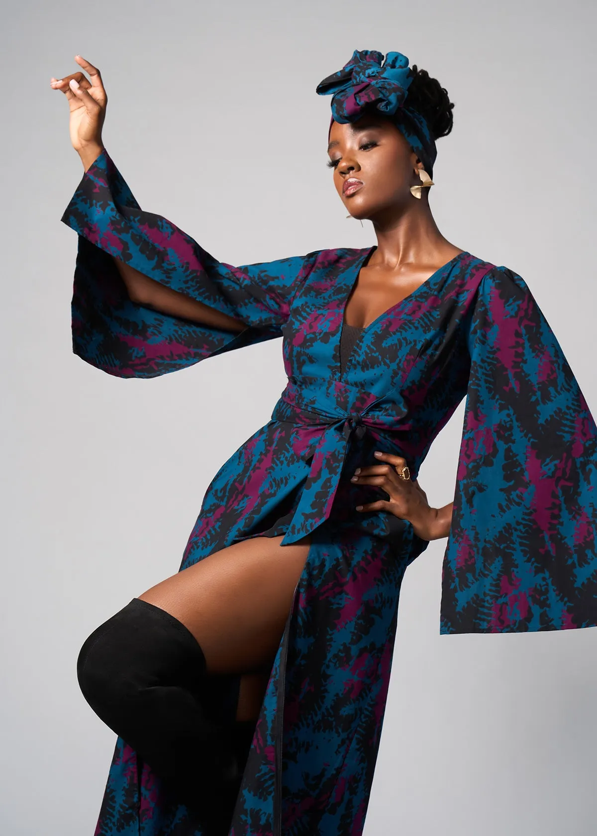 Liya Women's African Print Maxi Dress (Midnight Teal Abstract)