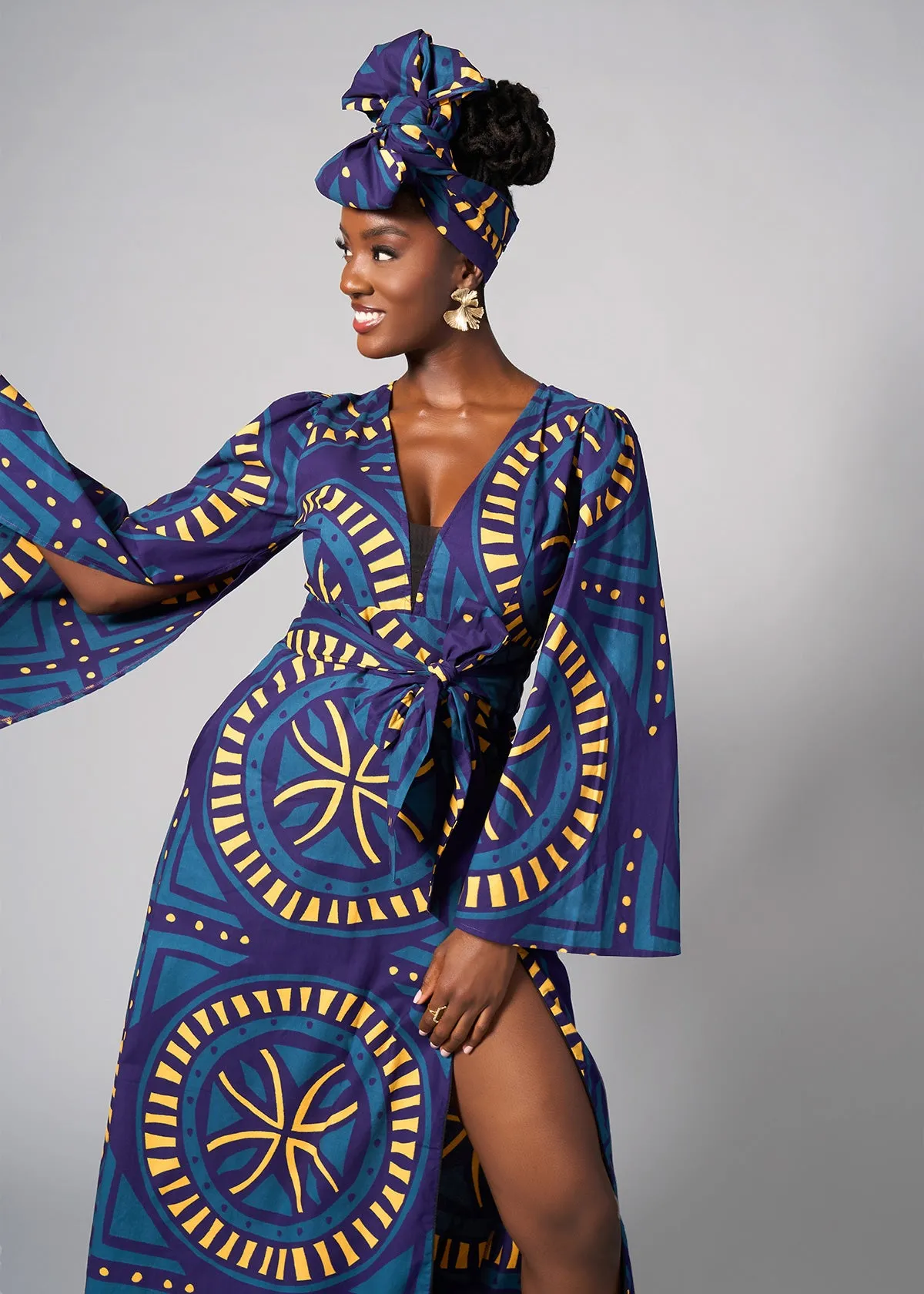 Liya Women's African Print Maxi Dress (Teal Plum Tiles)