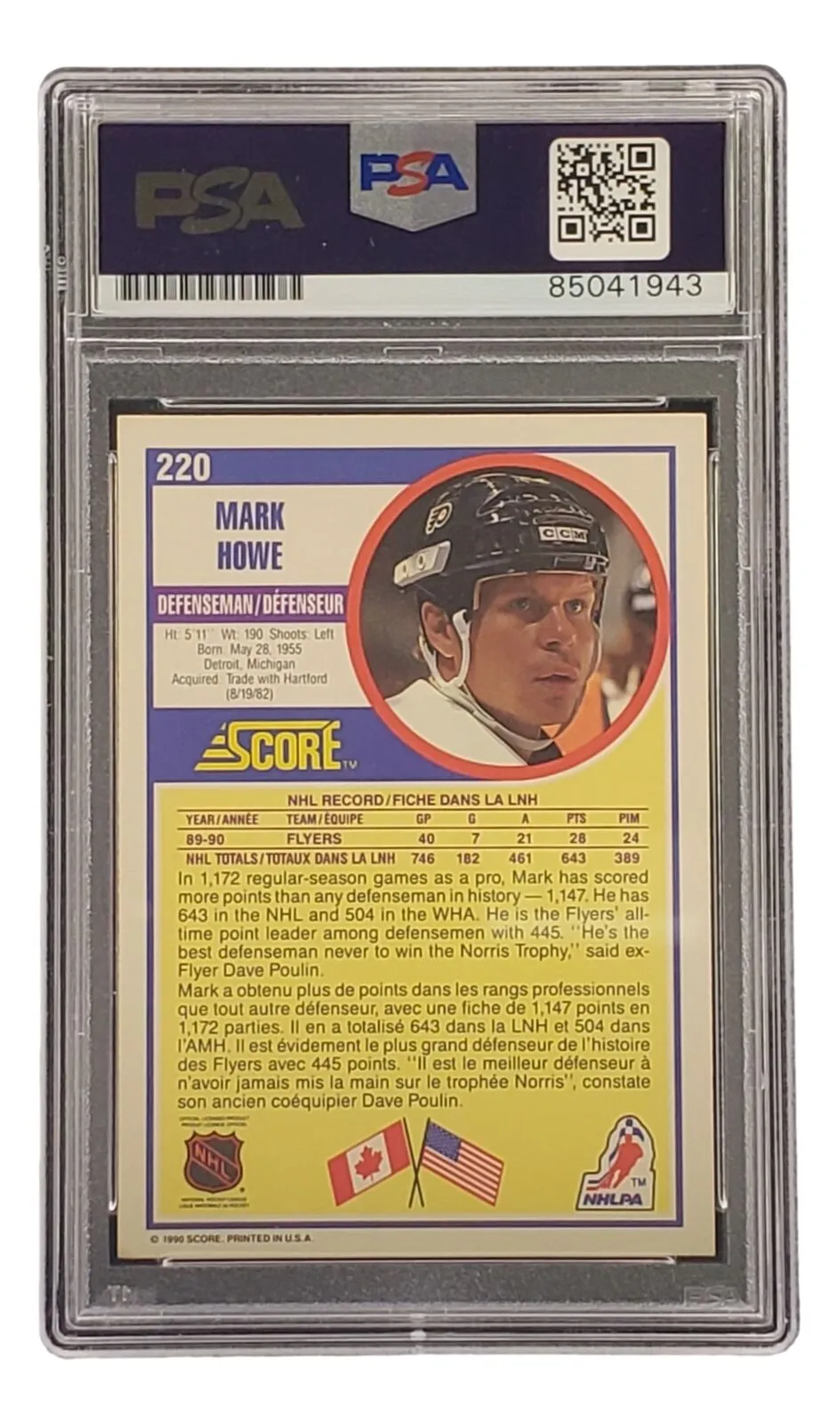 Mark Howe Signed 1991 Score #220 Philadelphia Flyers Hockey Card PSA/DNA