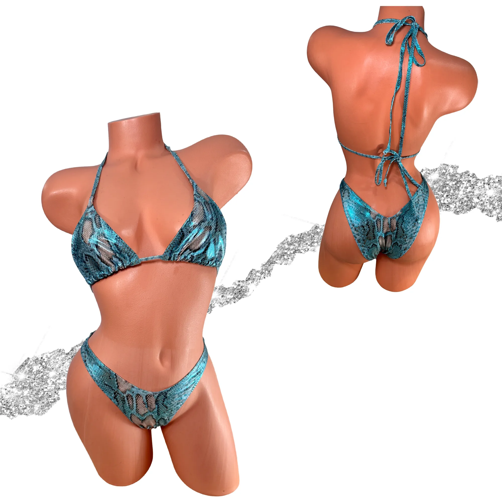 Metallic Aqua Snake print Brazilian Cut Bikini Micro or Cheeky