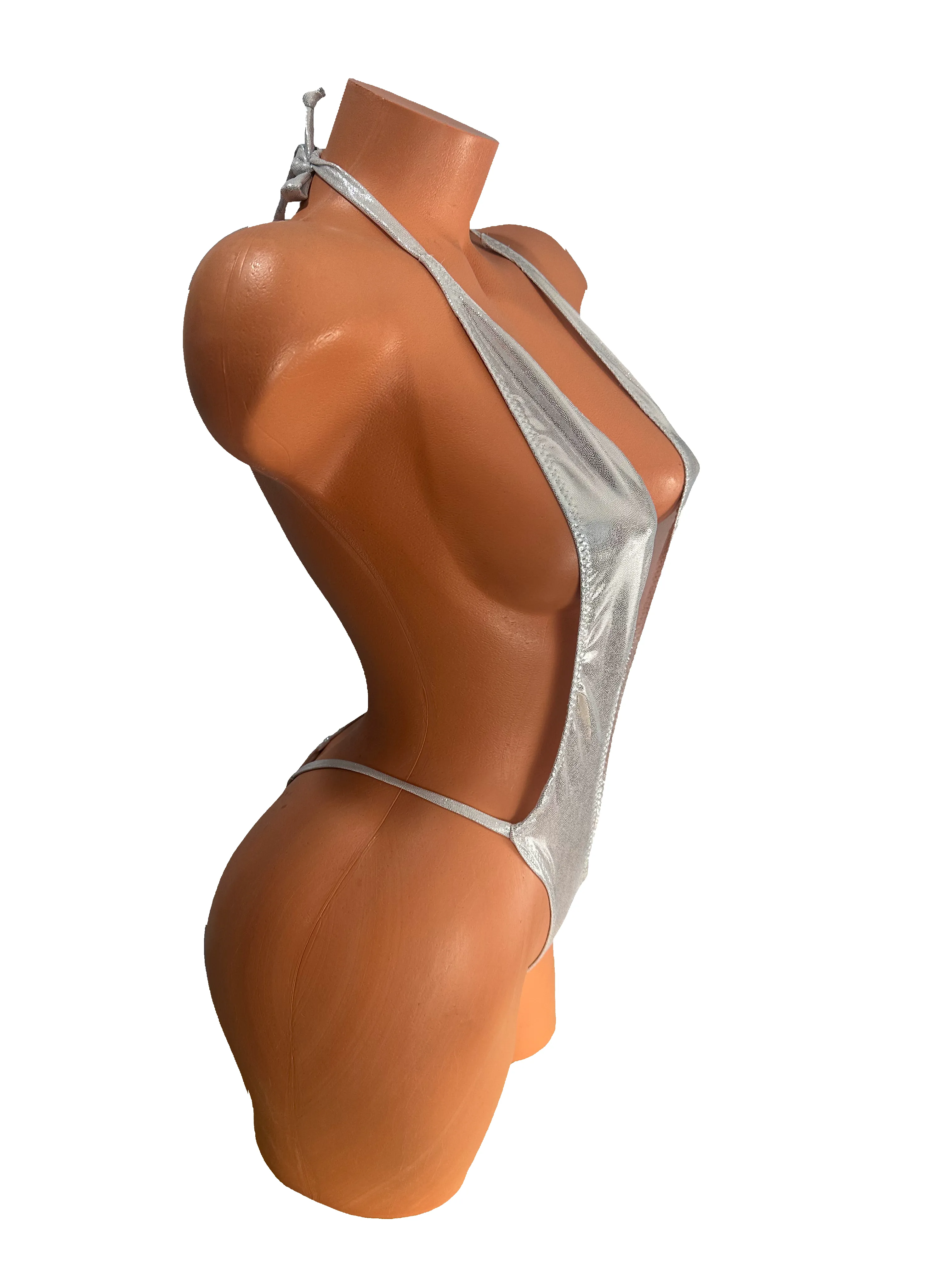 Metallic Silver One Piece thong slingshot bikini