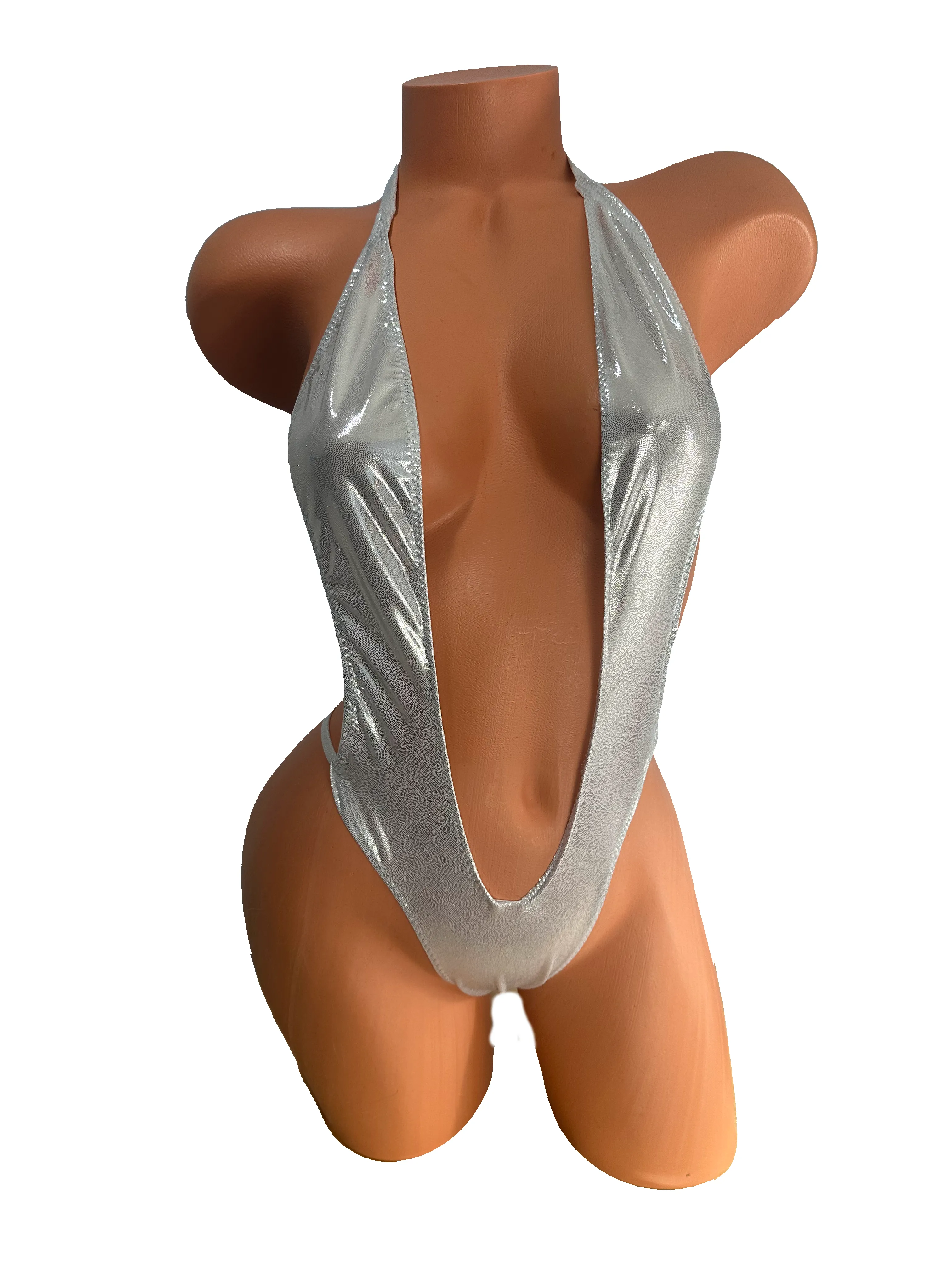 Metallic Silver One Piece thong slingshot bikini