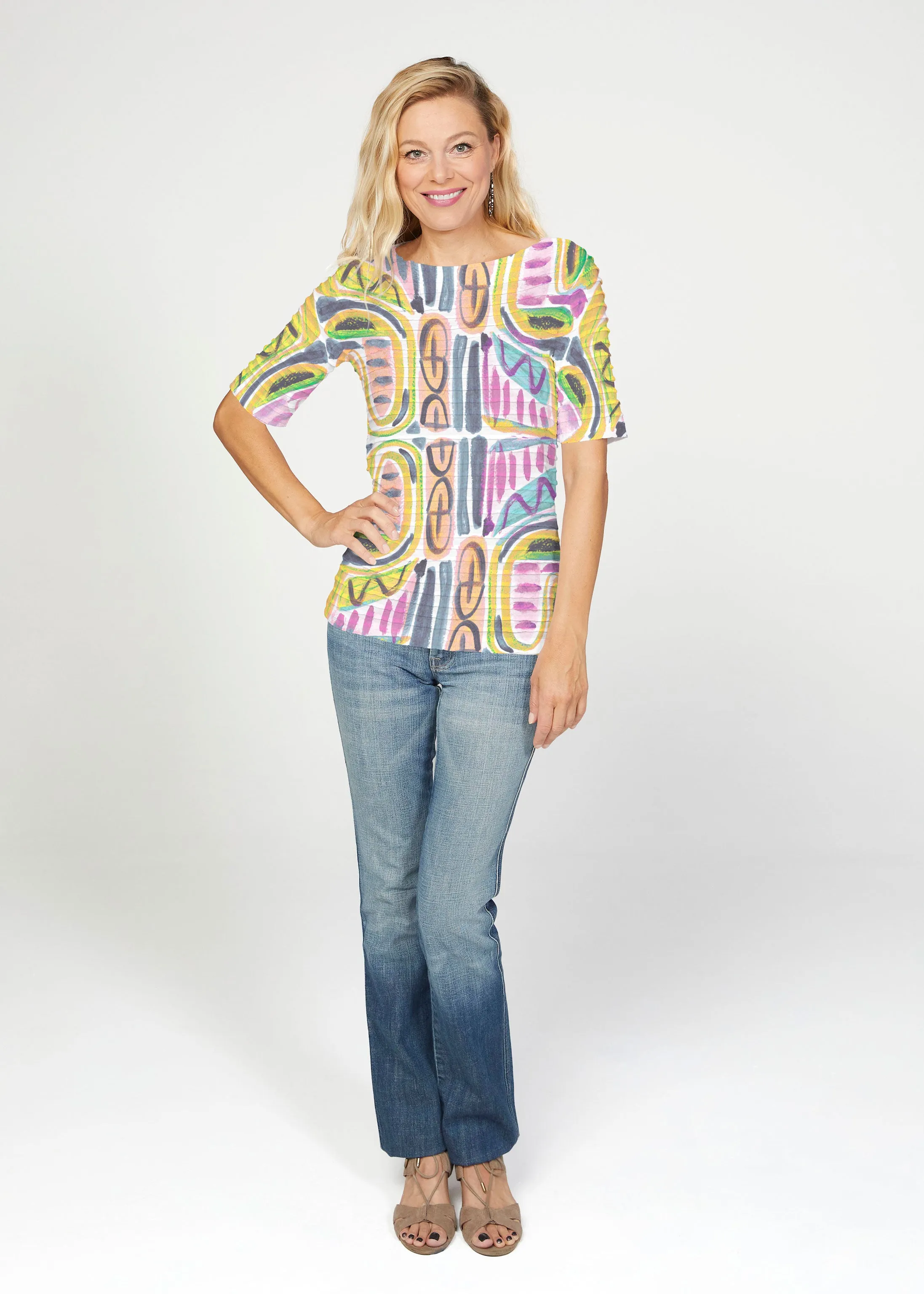 Musical Dance (17263) ~ Banded Elbow Sleeve Boat Neck Top