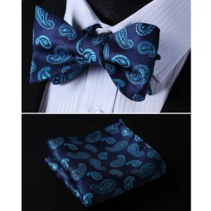 Navy Turqoise Paisley Mens Silk Self tie Bow Tie with Pocket Squares Set