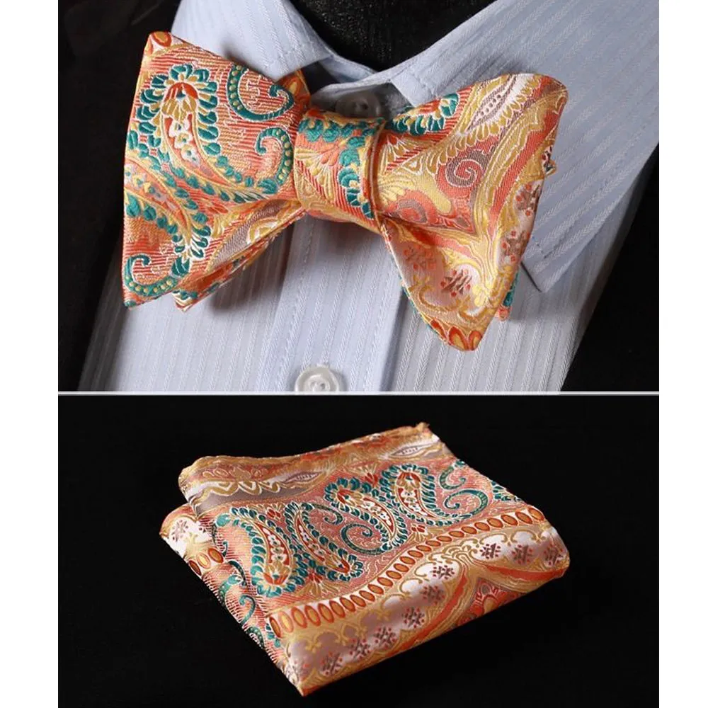 Orage Green Paisley Mens Silk Self tie Bow Tie with Pocket Squares Set