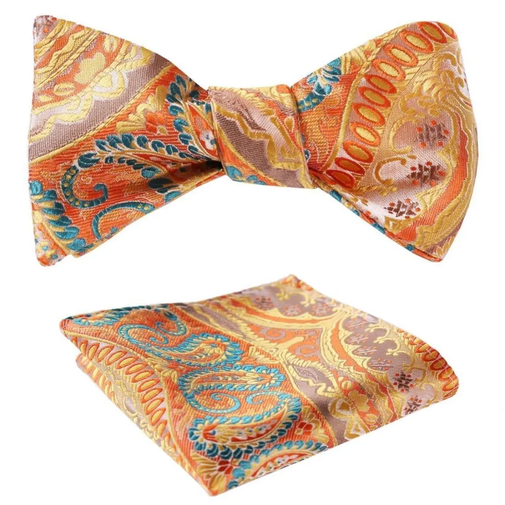 Orage Green Paisley Mens Silk Self tie Bow Tie with Pocket Squares Set