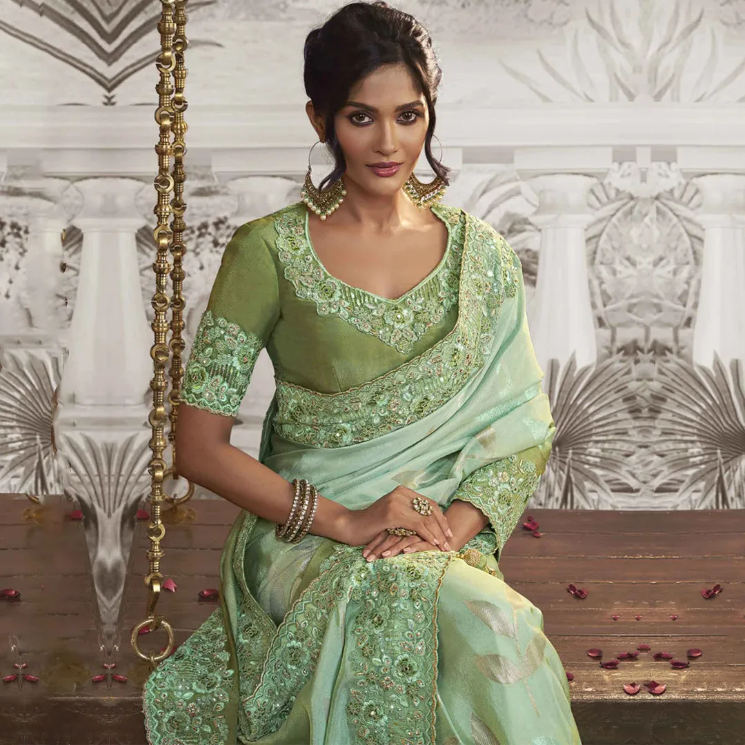 Pistachio Perfection Zari work Saree and Blouse Set