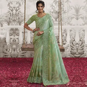 Pistachio Perfection Zari work Saree and Blouse Set