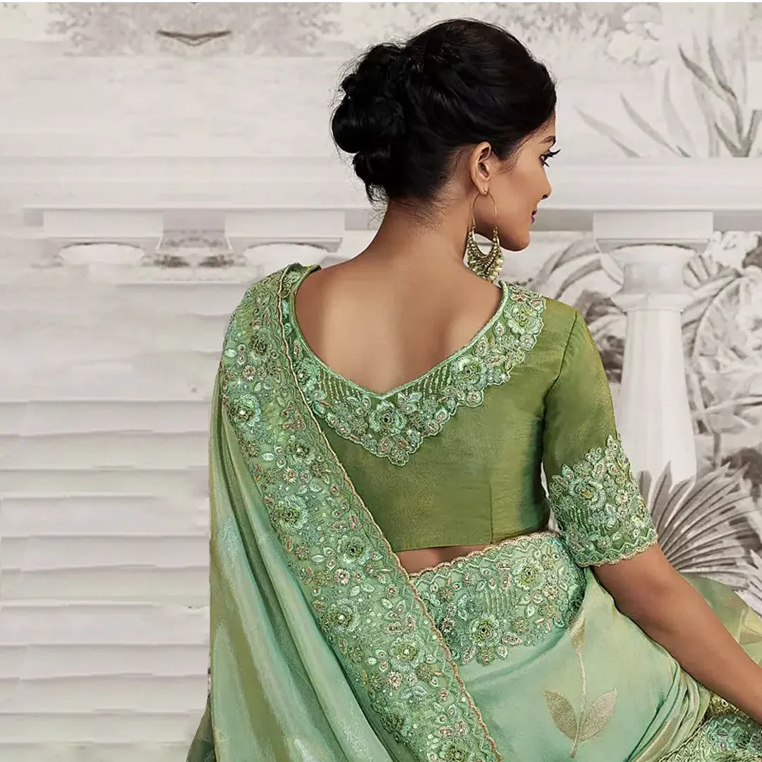 Pistachio Perfection Zari work Saree and Blouse Set