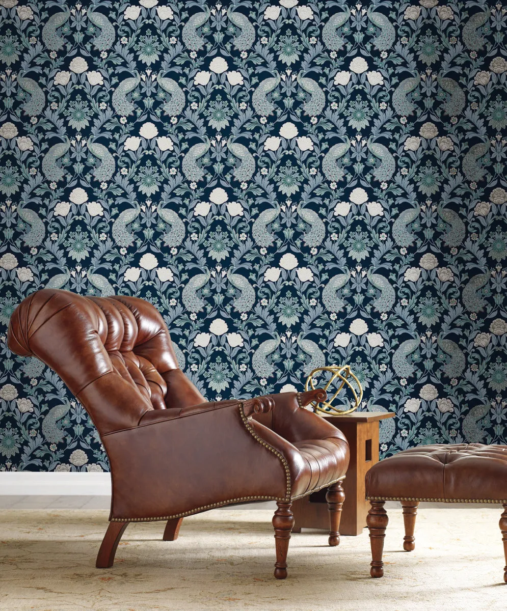 Plume Dynasty Peacock & Floral Wallpaper - Navy (60 SqFt)