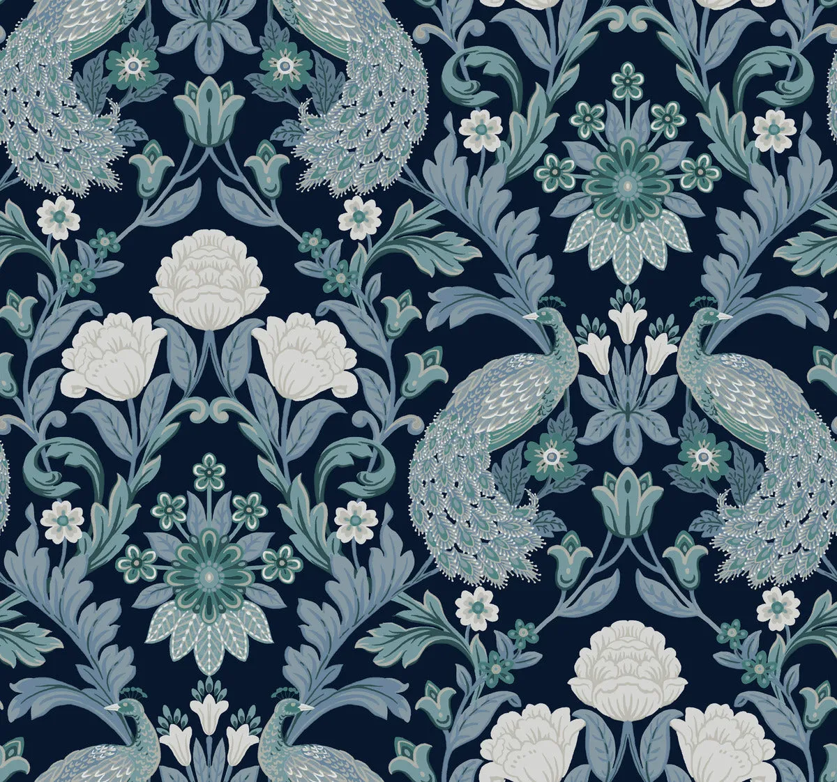 Plume Dynasty Peacock & Floral Wallpaper - Navy (60 SqFt)