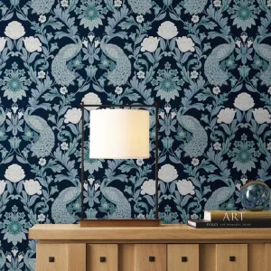 Plume Dynasty Peacock & Floral Wallpaper - Navy (60 SqFt)