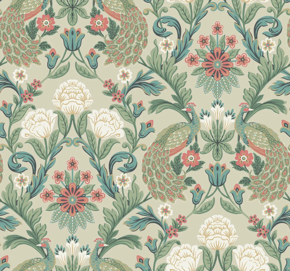Plume Dynasty Peacock & Floral Wallpaper - Taupe/Multi (60 SqFt)