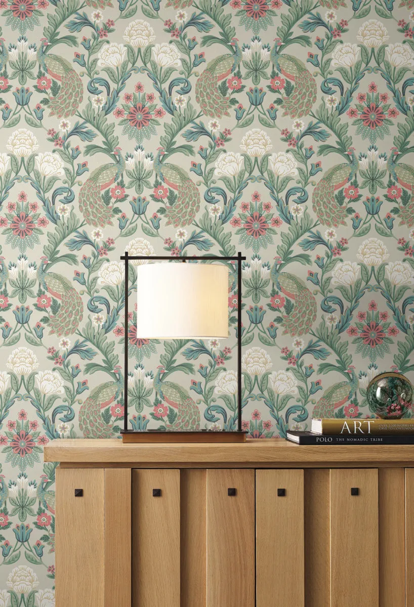 Plume Dynasty Peacock & Floral Wallpaper - Taupe/Multi (60 SqFt)
