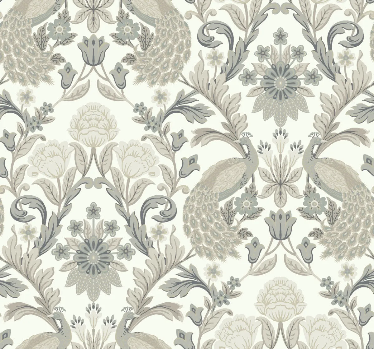 Plume Dynasty Peacock & Floral Wallpaper White/Neutral (60 SqFt)