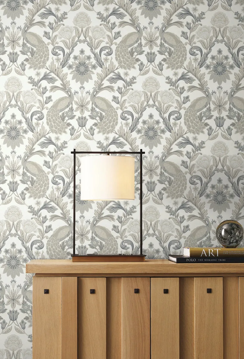 Plume Dynasty Peacock & Floral Wallpaper White/Neutral (60 SqFt)