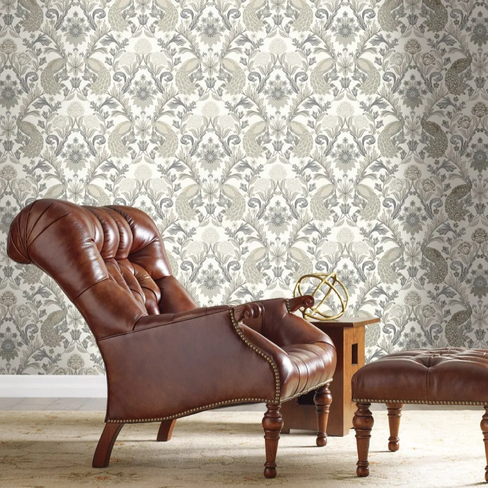 Plume Dynasty Peacock & Floral Wallpaper White/Neutral (60 SqFt)