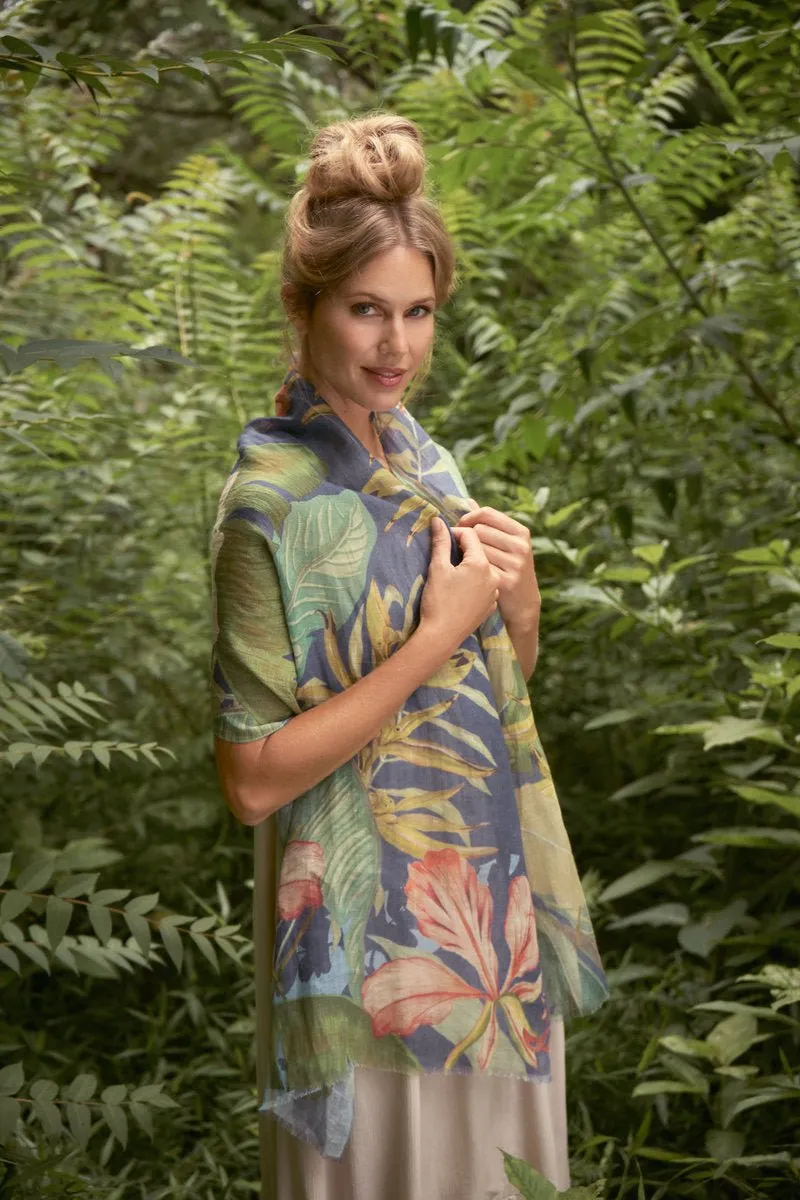 Powder 100% Linen Delicate Tropics Print Scarf Indigo