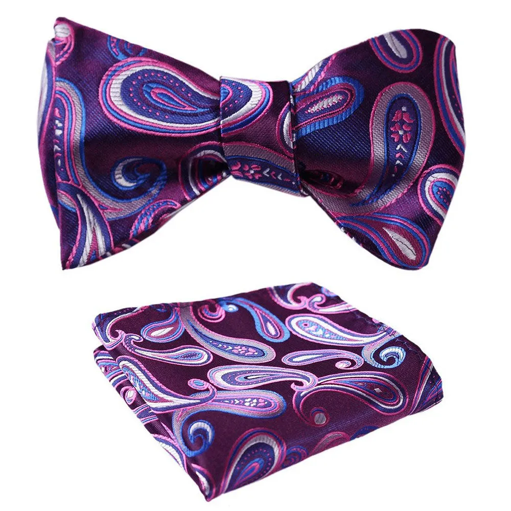 Purple Blue Paisley Mens Silk Self tie Bow Tie with Pocket Squares Set