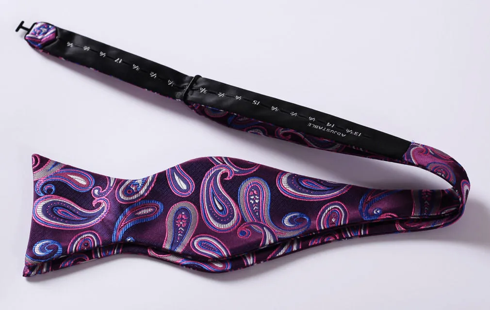 Purple Blue Paisley Mens Silk Self tie Bow Tie with Pocket Squares Set