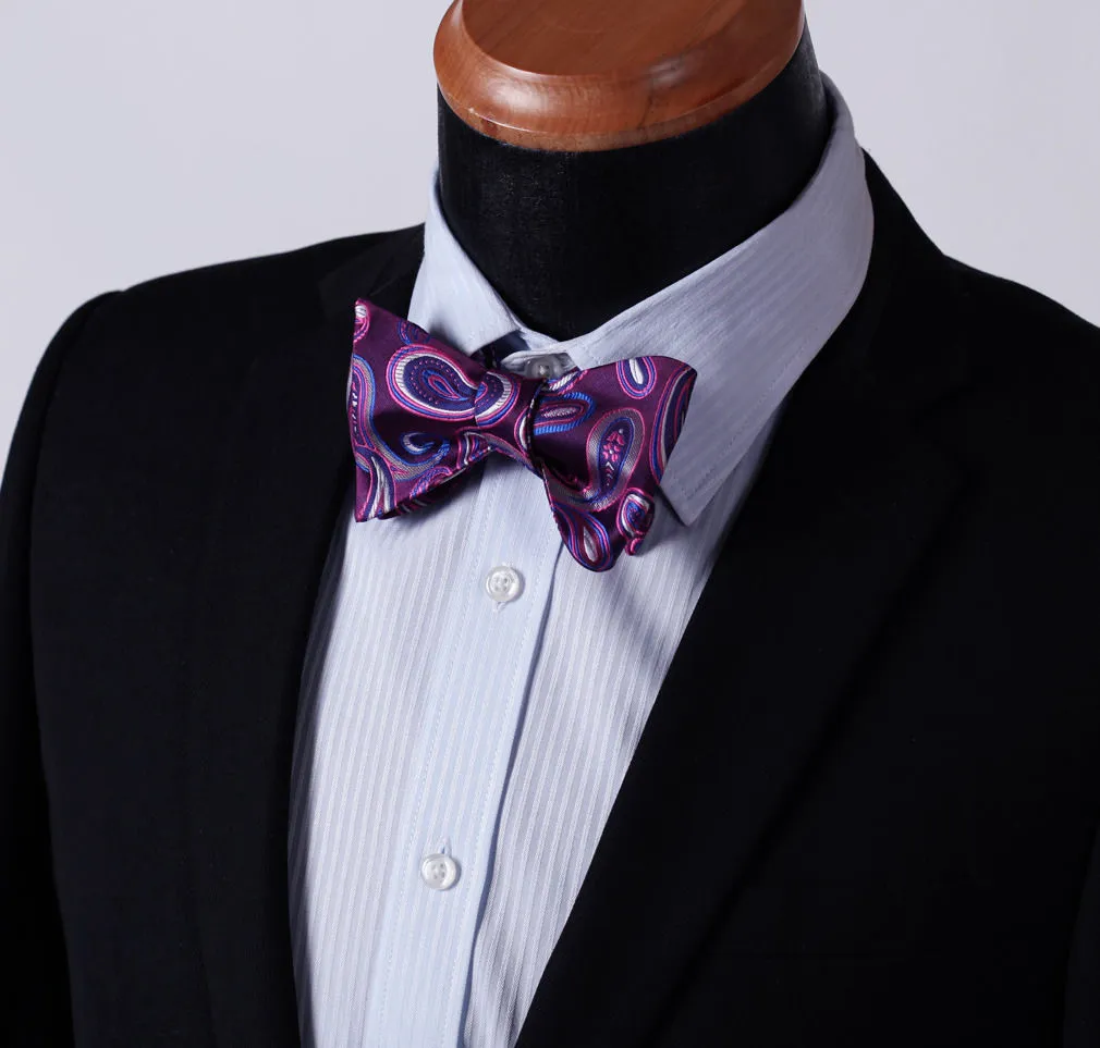 Purple Blue Paisley Mens Silk Self tie Bow Tie with Pocket Squares Set