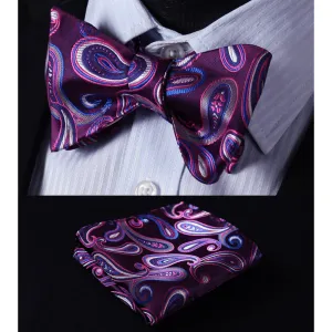 Purple Blue Paisley Mens Silk Self tie Bow Tie with Pocket Squares Set