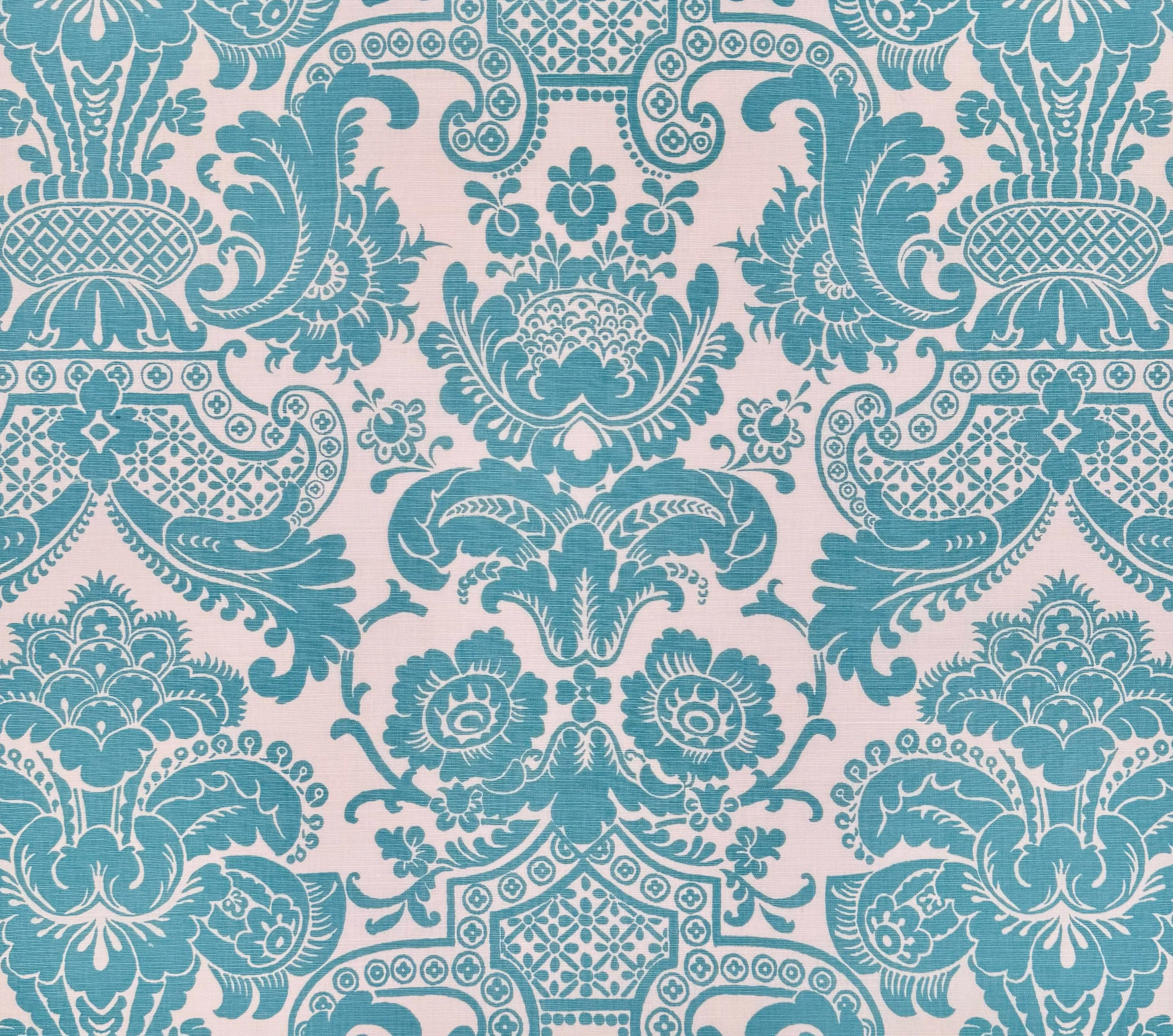 Quadrille Fabric: Este - Custom Turquoise on Tinted Belgian Linen / Cotton